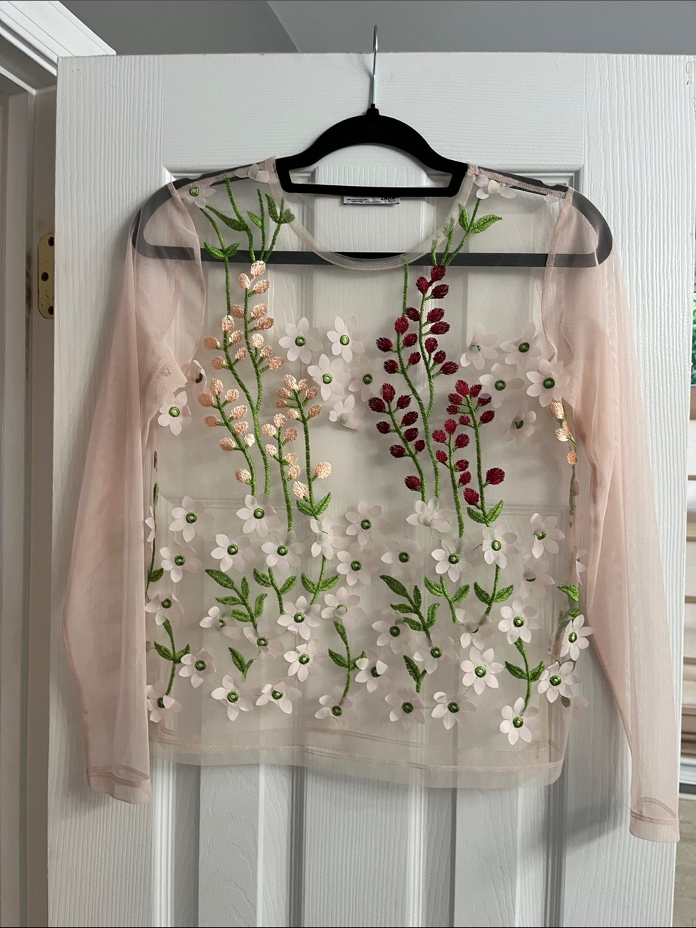 ZARA Embroidered Floral Sheer Long-Sleeve Top - Blush